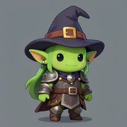 cute tiny orc girl with green skin wearing hunter armor from Bloodborne and a wizard hat, d&d, Newgrounds