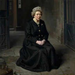 queen elizabeth painted as a beggar in a dark forbidding alleyway by george grosz and hieronymus bosch
