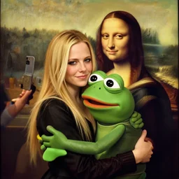 Young Avril Lavigne hugging pepe the frog while Gigachad takes a photo of both of them, leonardo da vinci style painting