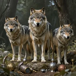 wolves and their treasures. fantasy style - ultra realistic, octane render, unreal engine 5, raytracing, 8 k highly detailed, trending on artstation, illustration - digital painting, highly detailed render by david caspar friedrich and george stubbs