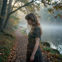 a double exposure of a beautiful side view portrait from above of a mystical young woman looking down!!, apparition, ghostly, motion blur, with a landscape photo of an autumn misty morning forest, forest trail, lake, dappled light, sun rays, green and brown tones