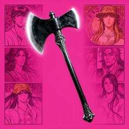 a comic portrait of a shiny black halfmoon axe, ethereal weapon with extra fine details, fancy ornate handle, fuchsia colour background anime style, realistic shaded lighting poster by ilya kuvshinov katsuhiro, magali villeneuve, artgerm, jeremy lipskin and michael garmash, unreal engine, octane rendering, fantasy art by greg rutkowski, alphone mucha, global illumination, detailed