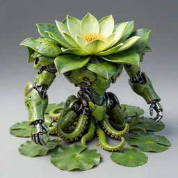 waterlily themed amphibious power armor. mobile suit textured like water lettuce, top half is mecha nymphaea flower petals being robotic limbs, waterlily pads, sculpted metal, biomechanical, hyperdetailed, bandai box art, 8 k hd resolution, behance hd artstation. # power armor pistia playing waterlily pad tentacles, 8 k hd resolution