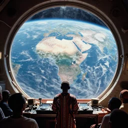 analogue photo of an African tribal DJ and crowd on a spaceship, planet earth as seen from space in big porthole window, wide angle,
