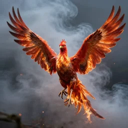 a full framed phoenix bird in front of a shroud of smoke, rising slowly spreading sparks and ashes with its feathers on fire, 4 k, octane rendered