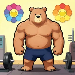 a jacked bear, working out, by takashi murakami, buff bear, posing