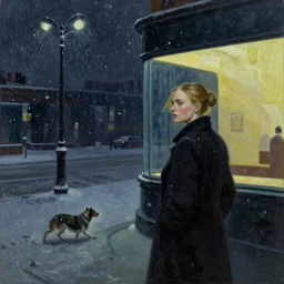 Elle Fanning stalking her prey at night in the world of Edward Hopper, stormy snowy weather, streetlights, extremely detailed masterpiece, oil on canvas, low-key neon lighting, artstation, Blade Runner 2049, Roger Deakin’s cinematography, by J. C. Leyendecker and Peter Paul Rubens,