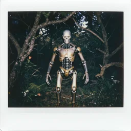 1 9 8 0 s polaroid flash photograph of biomechanical creature in a magical forest by luis royo, h. r. giger, todd mcfarlane