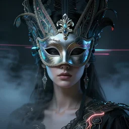 centered portrait of a beautiful woman wearing a venetian mask, intricate concept art, ethereal, highly detailed, artstation, smooth, cinematic, mist, dramatic lighting, darksynth, illuminated neon lines, outrun, vaporware, 8 k, by ruan jia and ilya kuvshinov and alphonse mucha