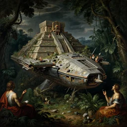 surreal painting of crashed mayan aztec spaceship overgrown by jungle by hieronymus bosch, harsh flash photo at night, baroque painting, perfect composition, detailed octane render trending on artstation, 8 k artistic photography, volumetric cinematic perfect light, chiaroscuro, masterpiece, raphael, caravaggio, beksinski, rutkowski, beeple