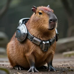 anthropomorphic capybara wearing a cyberpunk armor, realistic, high definition, 8 k
