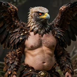 man with cheap gryphon costume, hairy belly, cosplay bird person eagle