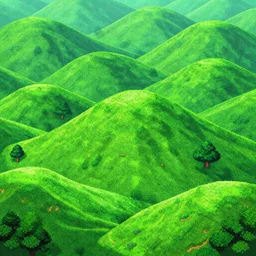 green hills ,fantastic lighting, pixel art, high detail , 16 bits, 2d