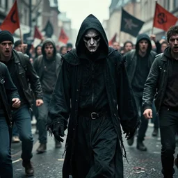 photo of the sinister tired grim reaper walking among angry rioters, violent protest, establishing shot, hyper detailed, realistic, cinematic, filmic