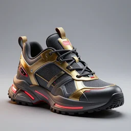 realistic 3 d render of a cyberpunk android sneaker, beautiful studio lighting, soft, sharp focus, neon cyberpunk highlights, intricate detail, gold and red accents, soft rubber, octane render, side view, close up, trending on artstation, deviantart, moebius