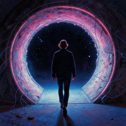 a beautiful painting of a person walking out of a stargate by syd mead 8 k particulate neon light film grain