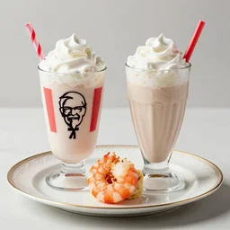 a kfc milkshake next to a shrimp wearing a dress, on a beautiful plate, food photography, studio lighting, hyper realistic, sharp focus, hyper - detailed, 8 k resolution