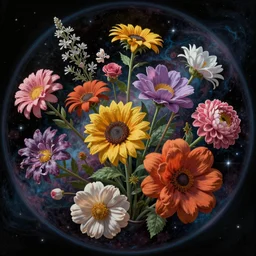An epic fantastic realism comic book style painting of the most beautiful flowers launched across the dark and starry cosmos, bouquets, fisheye lens, unreal 5, DAZ, hyperrealistic, octane render, dynamic lighting
