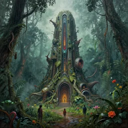 amazing highly detailed painting of a weird eerie futuristic monument in a rainforest, surrounded by people and flowers. 8 k