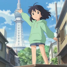 anime film visual of a young black haired girl wearing hoodie sightseeing the street standing on top of tower, cute face by ilya kuvshinov, makoto shinkai, kyoto animation, dynamic perspective and pose, detailed eyes, less nose, crisp and sharp cel shade
