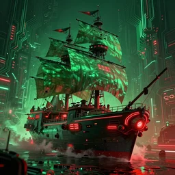 a green and red image of a cyberpunk pirate ship. neonpunk. intricate masterpiece. circuitboard. rich deep colours. guy denning and mark brooks
