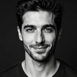 black and white close - up portrait shot, studio photograph of a male symmetrical handsome andrea belluci the painter artist, casual clothes, smirking, intricate, elegant, highly detailed, hyper realistic, dark background, flickr, smooth, 4 k, 3 0 0 dpi, sharp focus, shot by canon