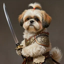 a anthropomorphic shih - tzu warrior, holding a katana, ponytail, diffuse lighting, fantasy, intricate, elegant, highly detailed, lifelike, photorealistic, digital painting, artstation, illustration, concept art, smooth, sharp focus, naturalism, trending on byron's - muse, by greg rutkowski and greg staples and alphonse mucha