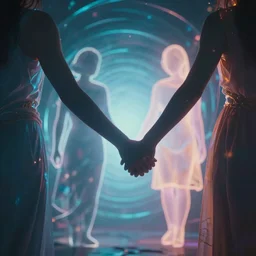 two silhouettes of pure soul energy hand in hand enter a multidimensional passage. Cinematic view, oniric, super quality, highly detailed, ambient lighting, ray tracing, vivid colors, 4k high resolution