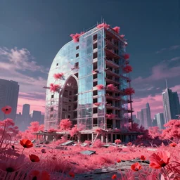 a beautiful photorealistic render of unfinished building abandoned wasteland architecture urbex by nicolas poussin, infrared poppy elysian wilderness retrowave cyberpunk liberty city sunlight at night studio ghibli tundra vice city sunset made of glass, archdaily, wallpaper, highly detailed, trending on artstation.