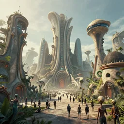 8 k photograph from a strange alien city, organic buildings, crowd of aliens
