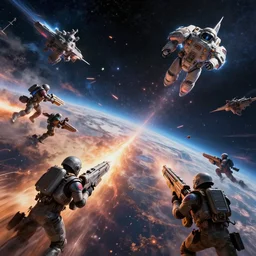 wide shot of a violent space battle, incredibly detailed, stunning composition