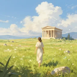 i walk in the elysian fields, ancient greece. volumetric lighting, summer, eternal, clear weather, ethereal clouds, realistic illustration, perfectly shaded, soft painting, caustics, ( floating light particles ) art by krenz cushart and wenjun lin