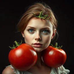 an anthromorphic full body portrait of a tomato with emma watson face, hyperdetailed, volumetric lightening