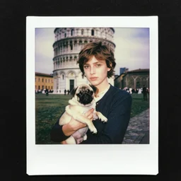 photography of a young juliette binoche holding her pug - puppy in parma ( italy ), polaroid, 1 9 7 1,
