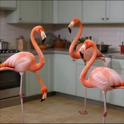 flamingos in a stalinist style kitchen, by mini dv camera, very very low quality, heavy grain, very blurry, accidental flash, caught on trail cam