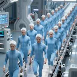 troop in formation of athletic humans with light blue neoprene suits and white hair formation on a conveyor belt, futuristic laboratory, sci - fi, highly detailed, hyperrealistic