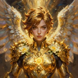 full body oil painting of tracer overwatch in the style of sophie anderson, angel wings, angelic golden armor, dramatic painting, symmetrical composition, ornate, high detail, gold detailed collar, blooming, lights, flowers, detailed face,