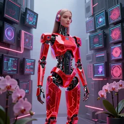 beautiful tall female robot printed with red and black 3 d geometrical neon guarding a wall of computers!!!!!!!!!! + flowering vaporwave orchids!!!, transcendent, clean linework, dramatic, uncanny valley, finely detailed, 4 k, trending on artstation, photorealistic, award winning, rule of thirds, volumetric lighting, octane render
