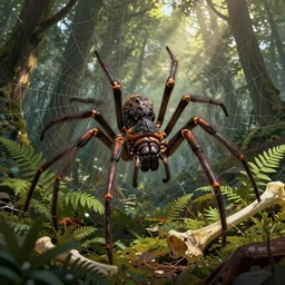 an ugly giant spider, beautiful, realistic, 8 legs, atmosphere, vibe, forest, giant webs, ferns, bones, concept art illustration, color page, tone mapping, akihiko yoshida, james jean, andrei riabovitchev, marc simonetti, digital illustration, greg rutowski, volumetric lighting, sunbeams, particles