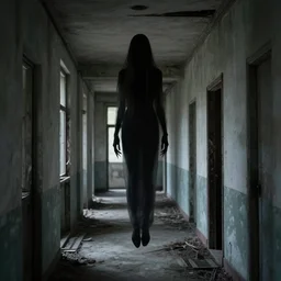 horror phorograph of a tall thin dark entity floating in an abandoned hallway