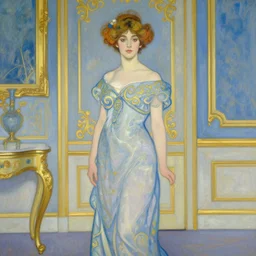 a girl in a blue and gold ivory room, film still by goya, by henri de toulouse - lautrec, elegant drawing, digital painting, jugendstil, art noveau, strong lights, flat colors, pastel colors