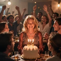 a crowd of people celebrating a 40 year old blonde woman's birthday, digital art, cinematic lighting