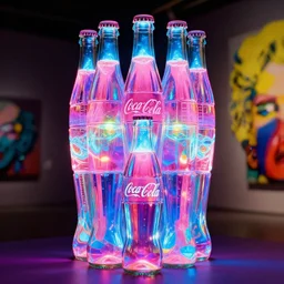 a face made of cocacola bottles filled with glowing prismatic dayglo pink blue technicolor liquid by andy warhol and francis picabia