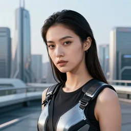 photographic portrait of a techwear woman, closeup, on the rooftop of a futuristic city, sigma 85mm f/1.4, 4k, depth of field, high resolution, 4k, 8k, hd, full color