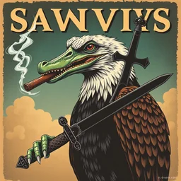 a poster featuring a humanoid crocodile smoking a cigar, a hawk with a black cross shaped sword