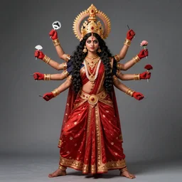 Professional studio long shot photography of an Indian woman cosplaying as the goddess Kali in 10 armed ekamukhi form. Kali has 10 arms. She wears gloves.