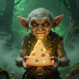 Photorealistic fantasy portrait of one single D&D goblin holding a triangle of Swiss Cheese.  Ominous green mist in the background.  Magical occult photorealism, UHD, amazing depth, glowing, golden ratio, 3D octane cycle unreal engine 5, volumetric lighting, cinematic lighting, cgstation artstation concept art