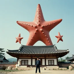 humanoid kaiju starfish creature looming over traditional goryeo pyongyang, cinematic korean thriller produced by kim jong - il, 1 9 5 0 s, kodachrome, cooke varotal 2 0 - 1 0 0 t 3. 1
