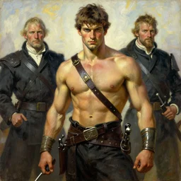 warrior, attractive male, character design, painting by jean giraud, greg rutkowski, carl larsson, tom of finland
