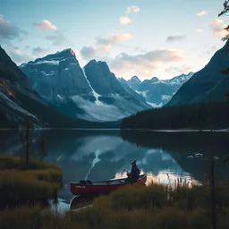 landscape photography of the bc rockies, bears, lake, canoe, early morning sky